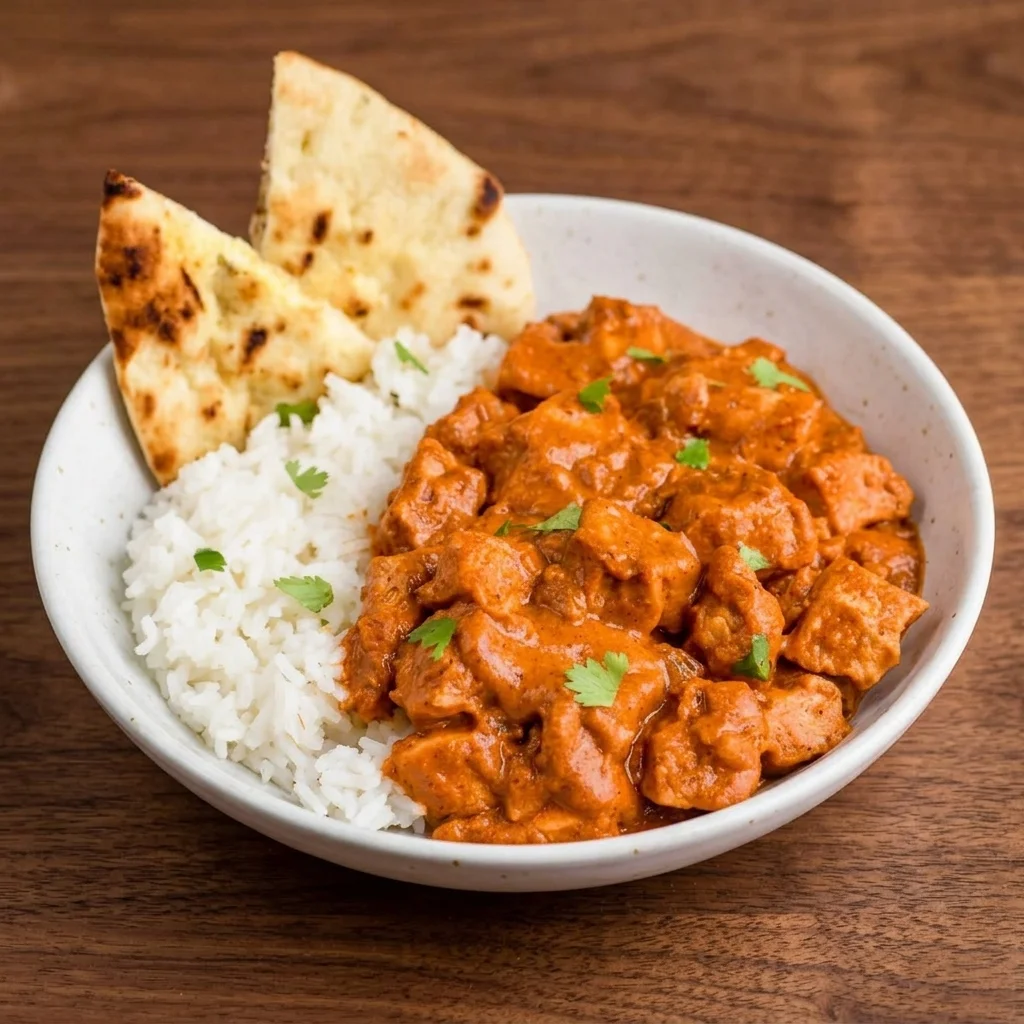 Butter chicken served with rice at Fresh Grill Kitchen in Stony Plain, Alberta
