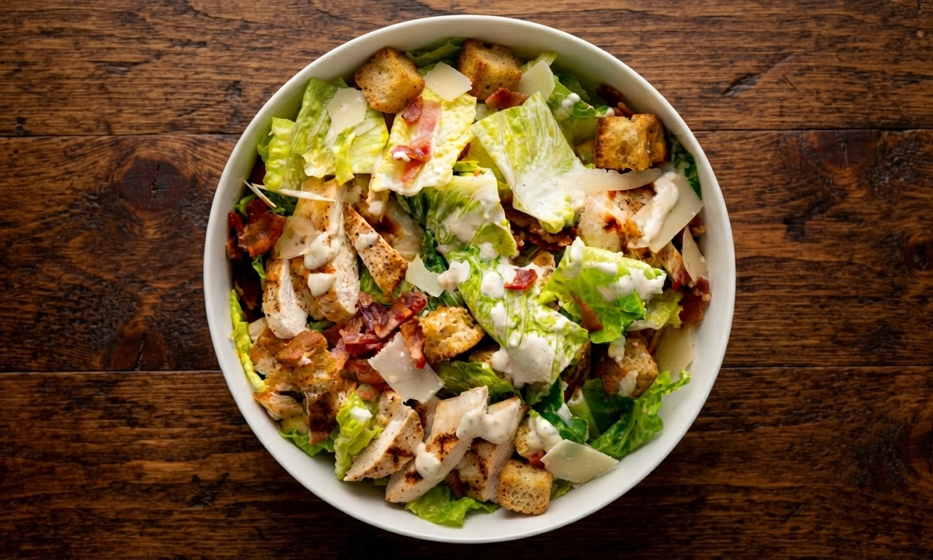 Caesar salad with crispy romaine, smoked bacon bits, croutons and shaved Parmesan at Fresh Grill Kitchen Stony Plain