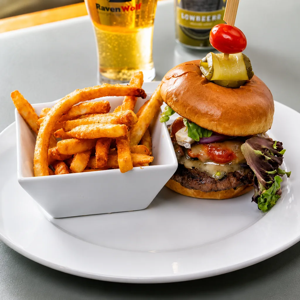 Bison burger on a brioche bun with aged cheddar at Fresh Grill Kitchen in Stony Plain, Alberta
