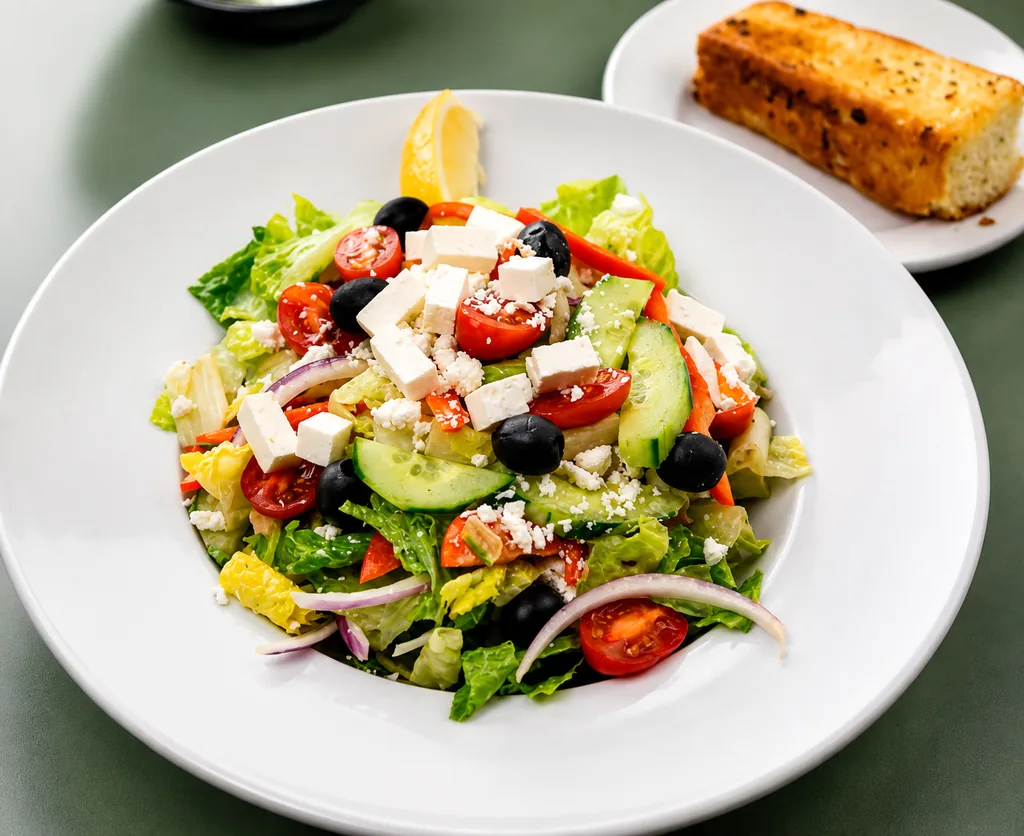 Greek village salad with feta, olives and cherry tomatoes at Fresh Grill Kitchen & Lounge in Wetaskiwin, Alberta