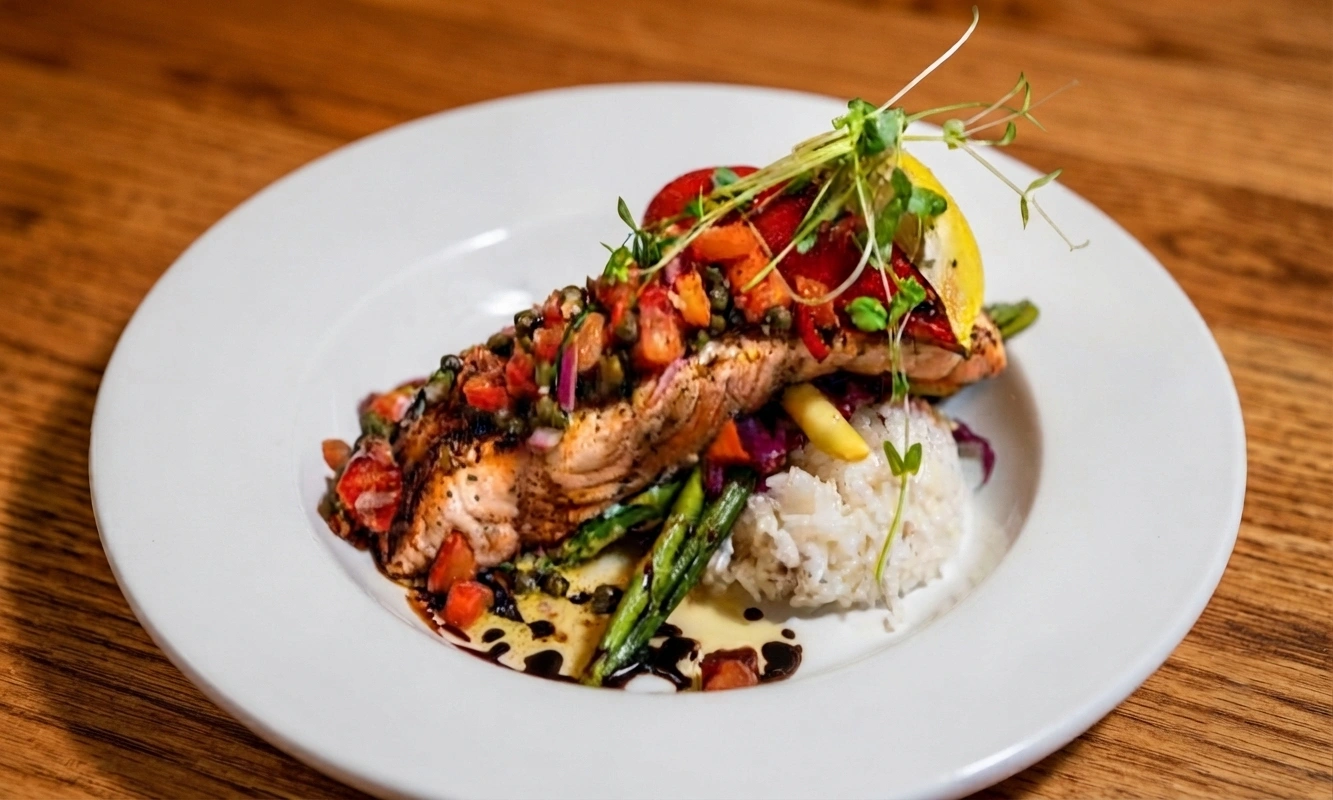 Fresh grilled salmon plate at Fresh Grill Kitchen & Lounge in downtown Wetaskiwin, Alberta