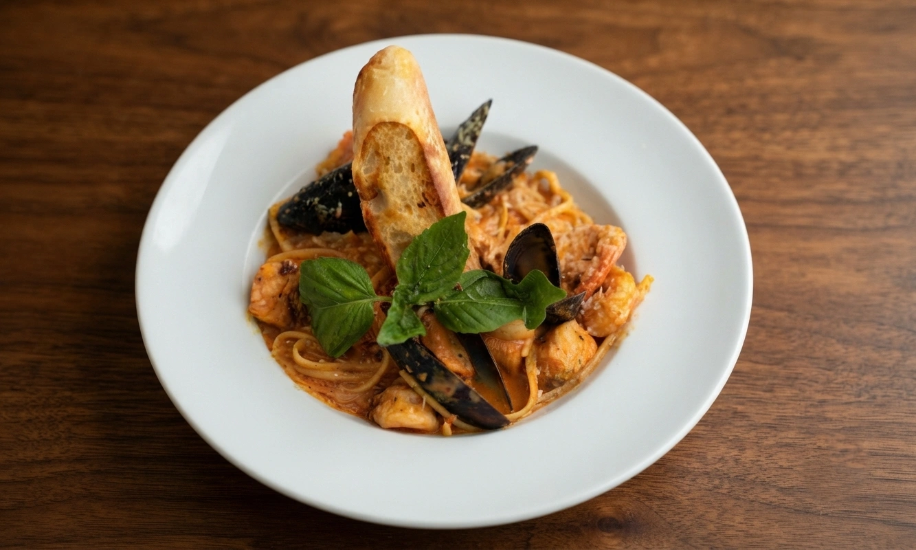 Seafood pasta with shrimp, mussels and salmon at Fresh Grill Kitchen in Stony Plain, Alberta